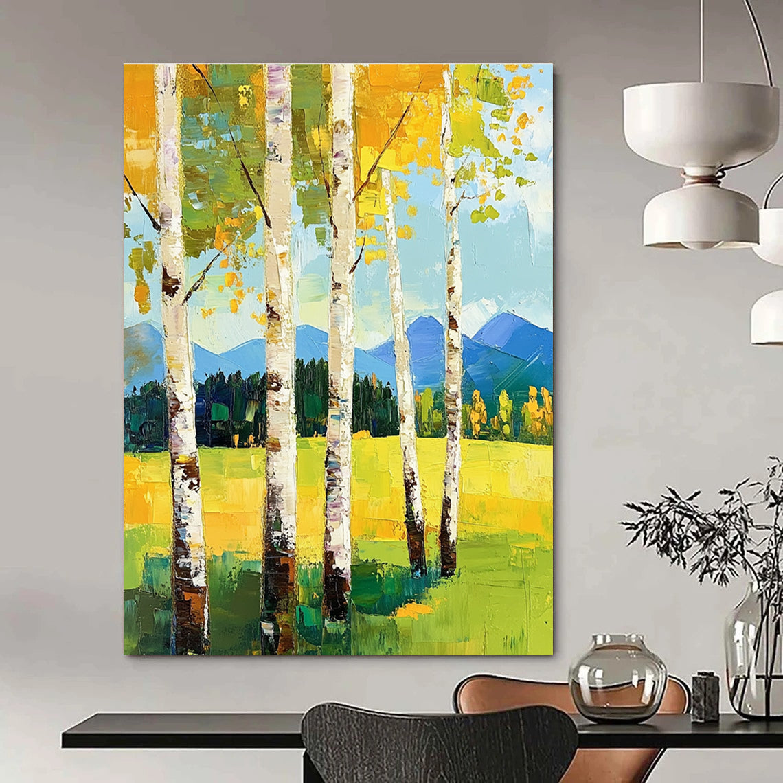 Summer Birch Trees and Mountains for Bright Home Office & Alpine - Style Lodge STSC871