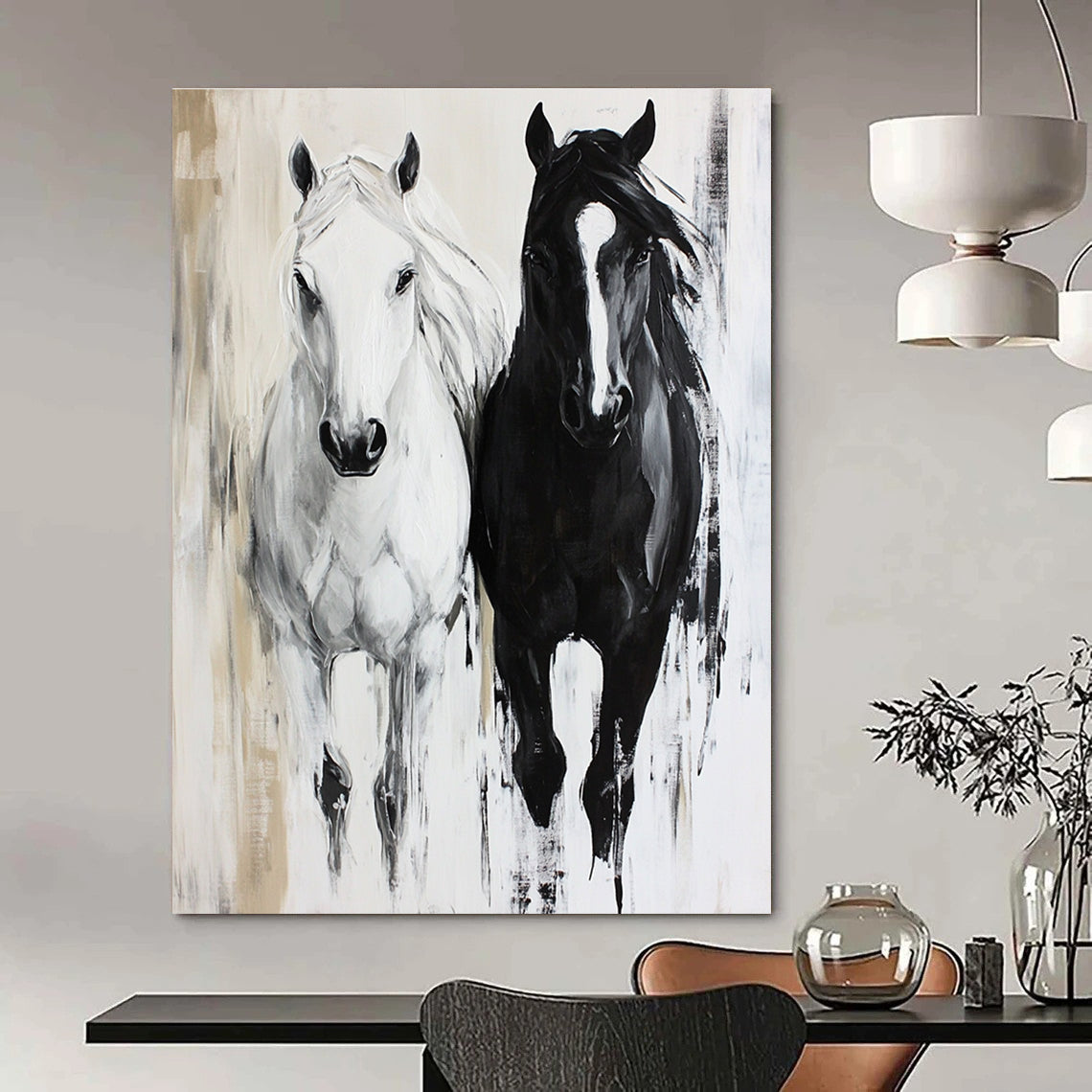 Black and White Horses Dynamic Equine Art for Equestrian Club Lounge & Modern Home Hallway STSC1452
