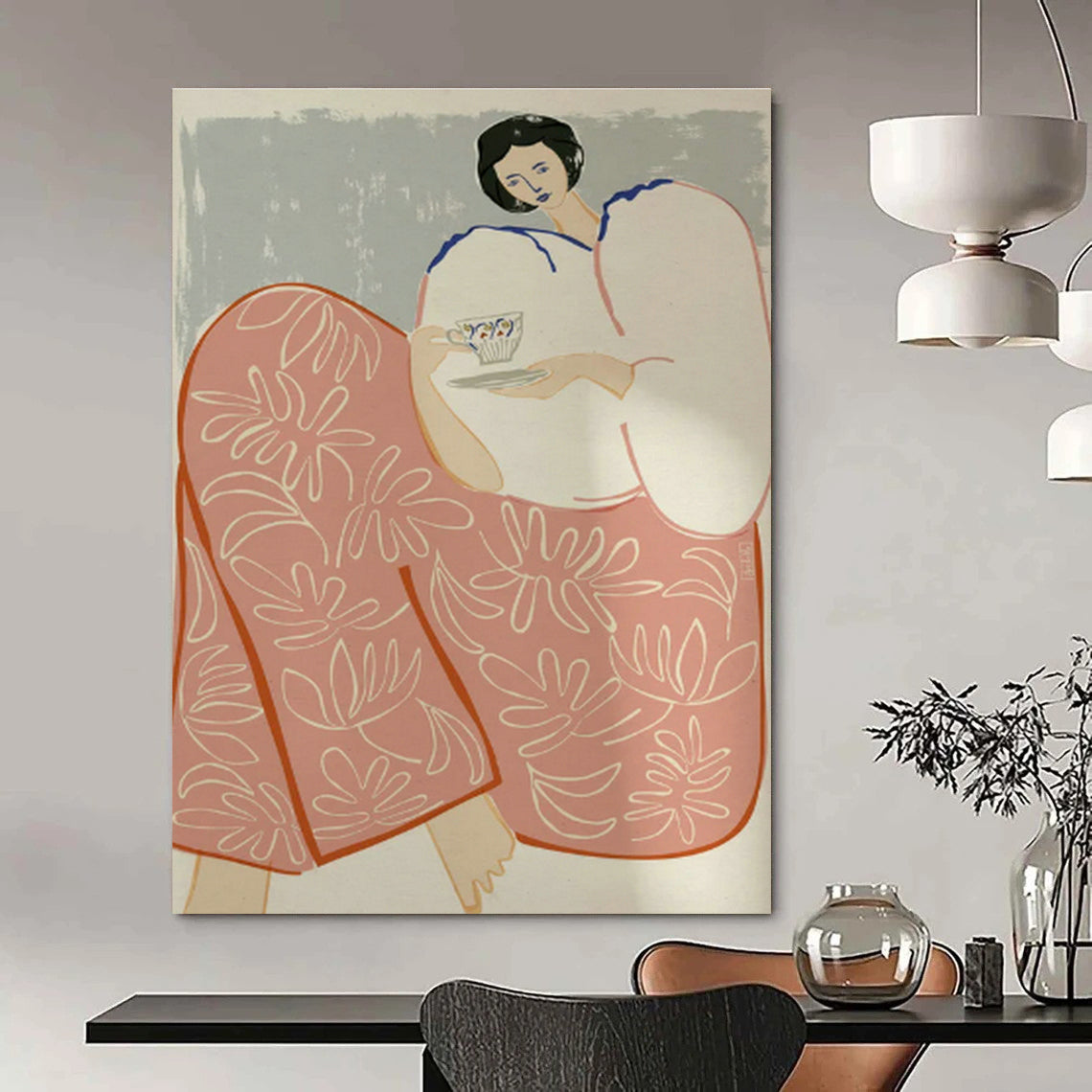 Woman with Teacup Art for Tea House & Home Reading Nook DLZ1154