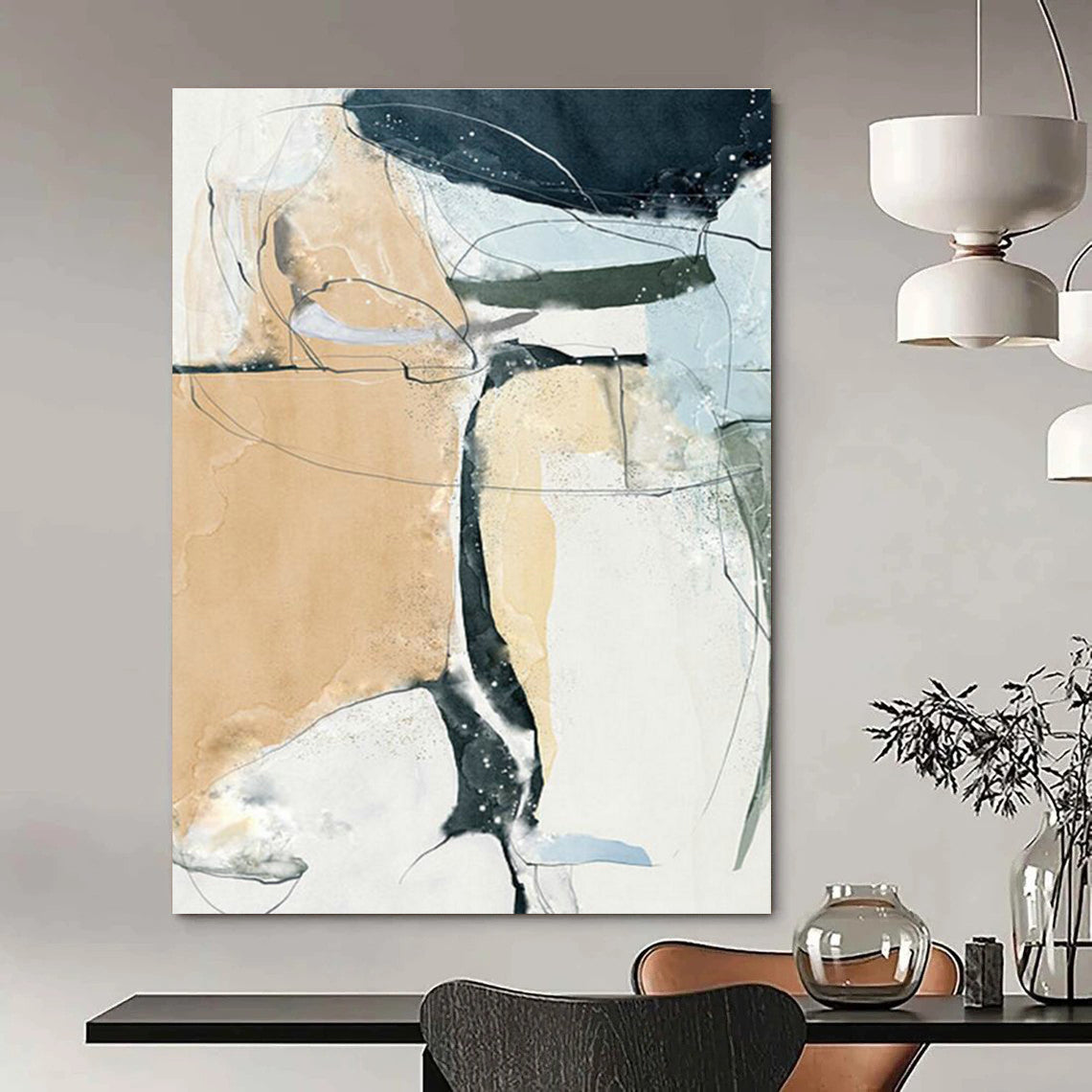 Beige and Blue Abstract Lines Art for Minimalist Living Room & Creative Studio DLZ2223