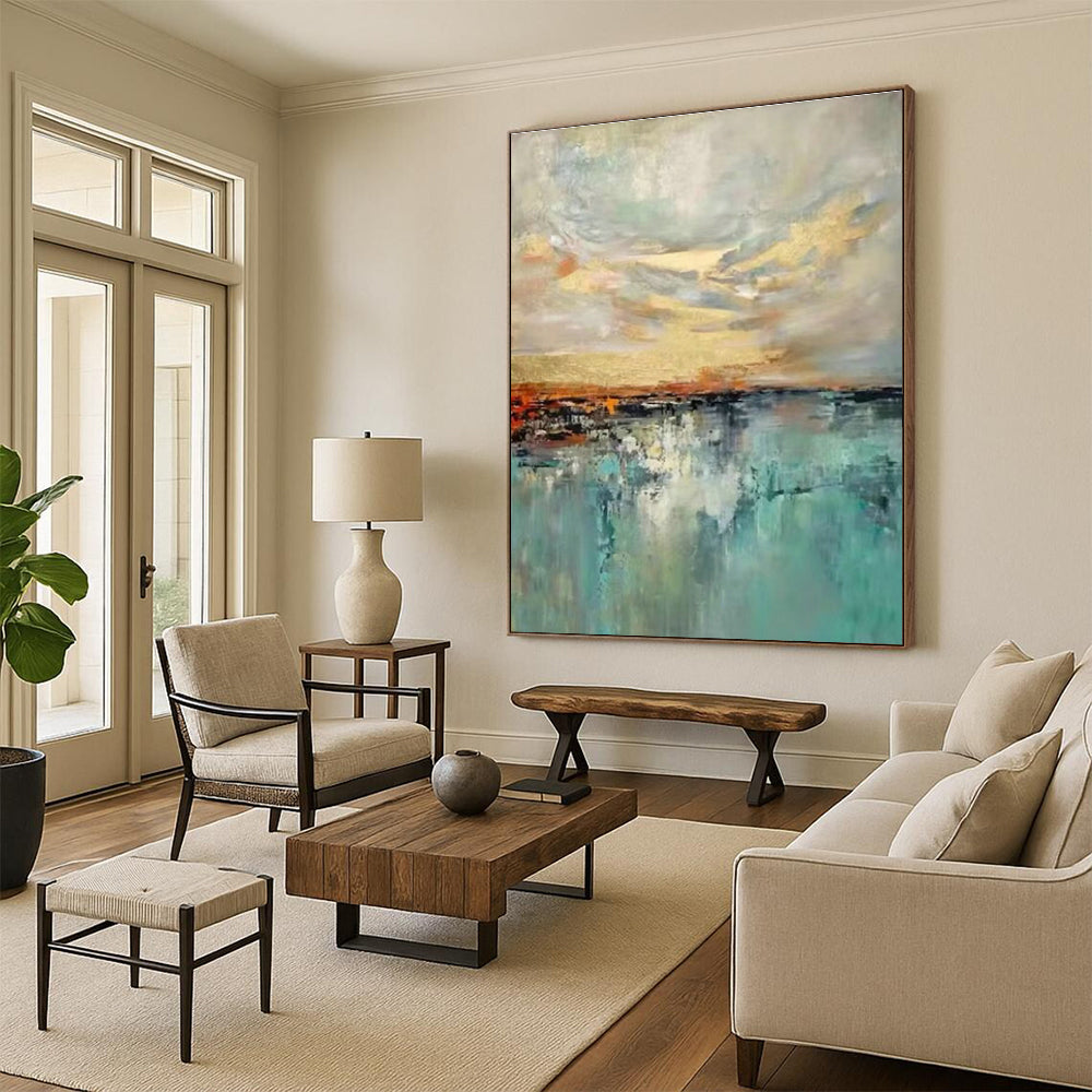Golden - Blue Blended Landscape Abstract for Living Room & Hotel Lobby DLZ0581