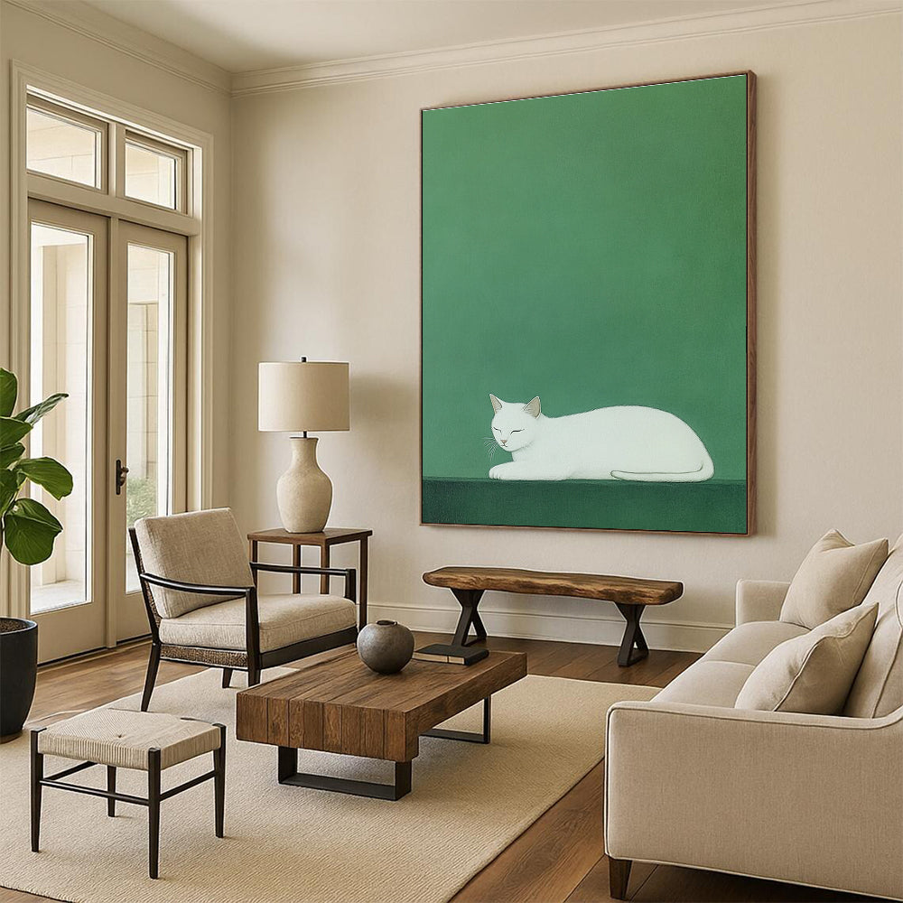 Sleeping White Cat Minimalist Pet Art for Scandinavian - Style Home & Calm Home Library STSC1473
