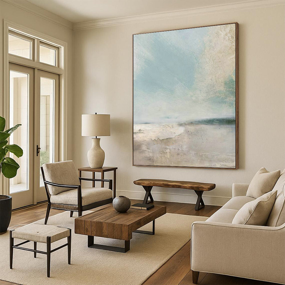 Light Blue - Beige Abstract Landscape Art for Coastal Hotel Lobby & Minimalist Home DLZ2066