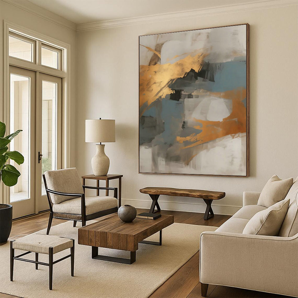 Gold - Blue - Gray Abstract Art for Coastal Home Beach House & Corporate Meeting Room DLZ1733