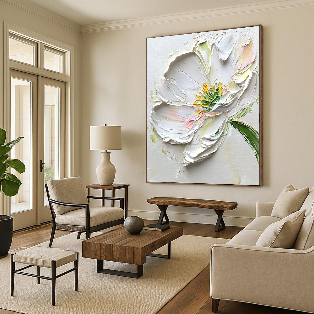 Thick - Textured White Flower Impasto Floral Art for Contemporary Art Gallery & Creative Home Studio STSC1482