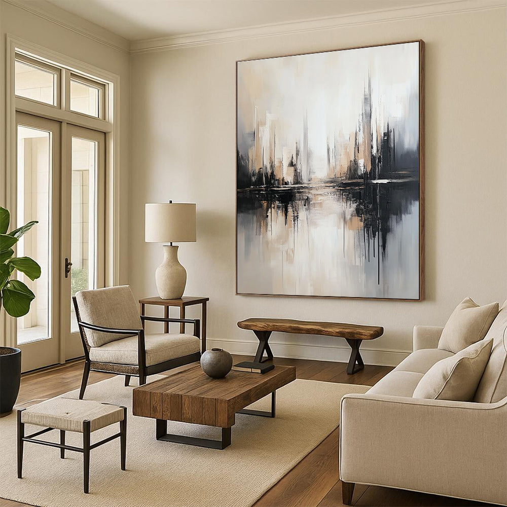 Monochromatic Cityscape Reflection Art for Modern Office Reception & Minimalist Home Library STSC1352
