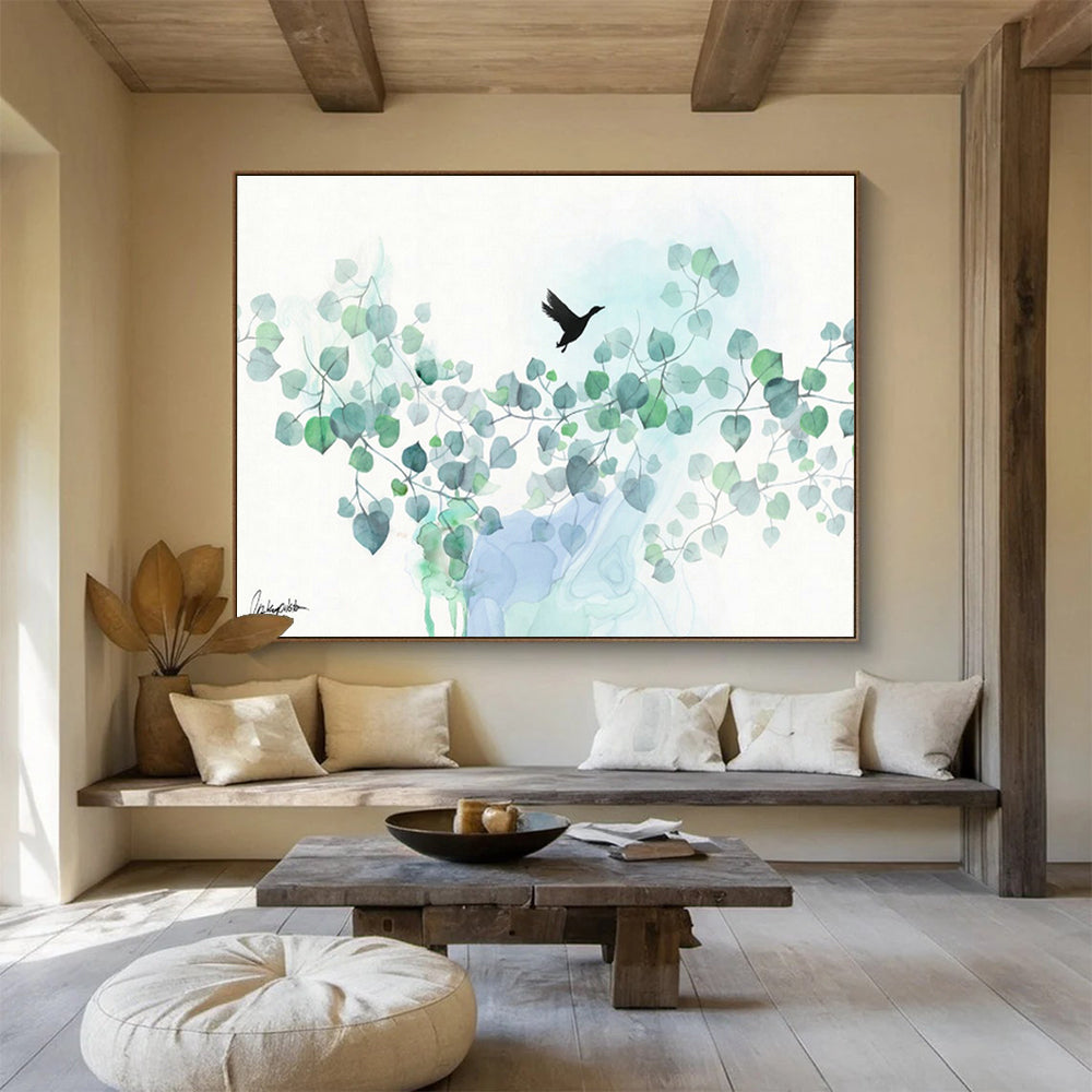 Bird & Leaves Watercolor Art for Tranquil Bedroom DLZ2923