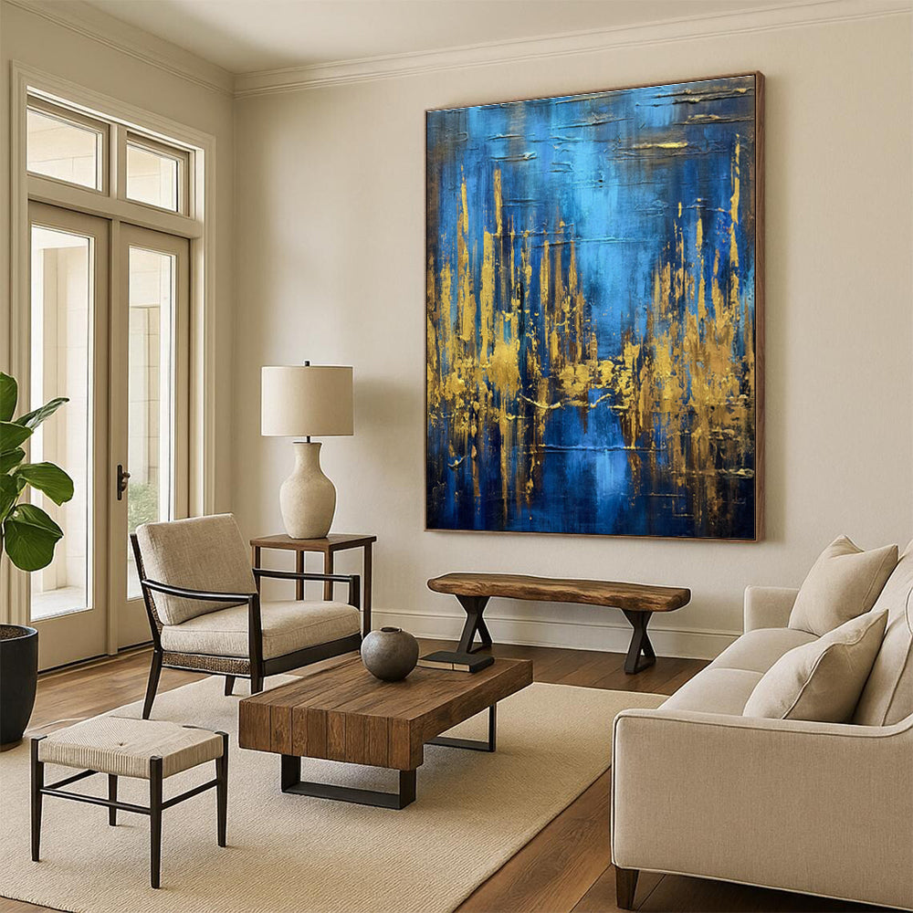 Blue and Gold Vertical Lines Art for Contemporary Office & Chic Boutique DLZ0743