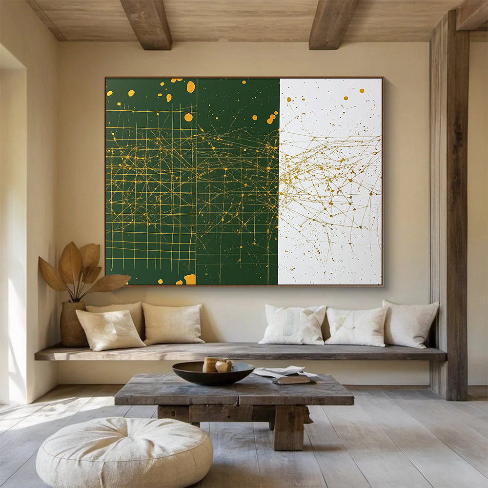 Golden Web on Green & White Art for Modern Art Gallery & Luxury Office Lobby SC471