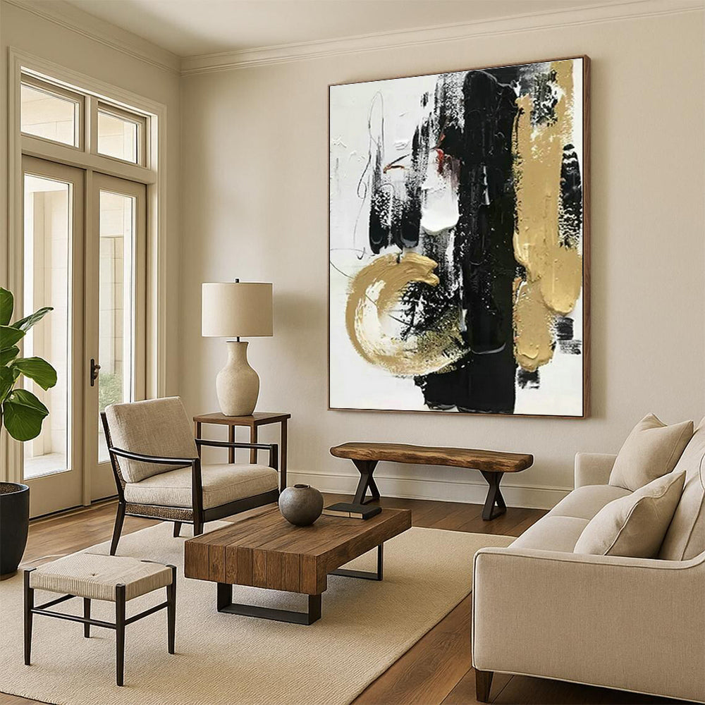 Black - Gold Abstract Brushstroke Art for Living Room & Office DLZ0434