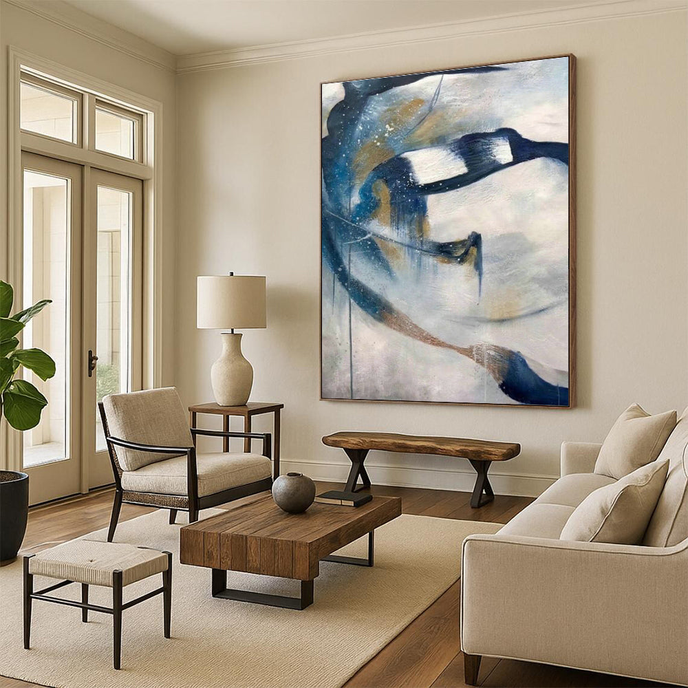 Blue - Gold Splash Abstract Art for Living Room & Office DLZ0490