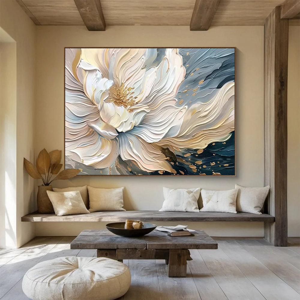 Gold - Accented White Flower Relief Art for Luxe Bedroom Retreats DLZ3087