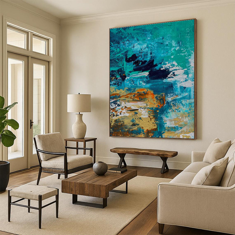 Blue - Orange Abstract Art for Coastal Home Living Room Walls DLZ0035