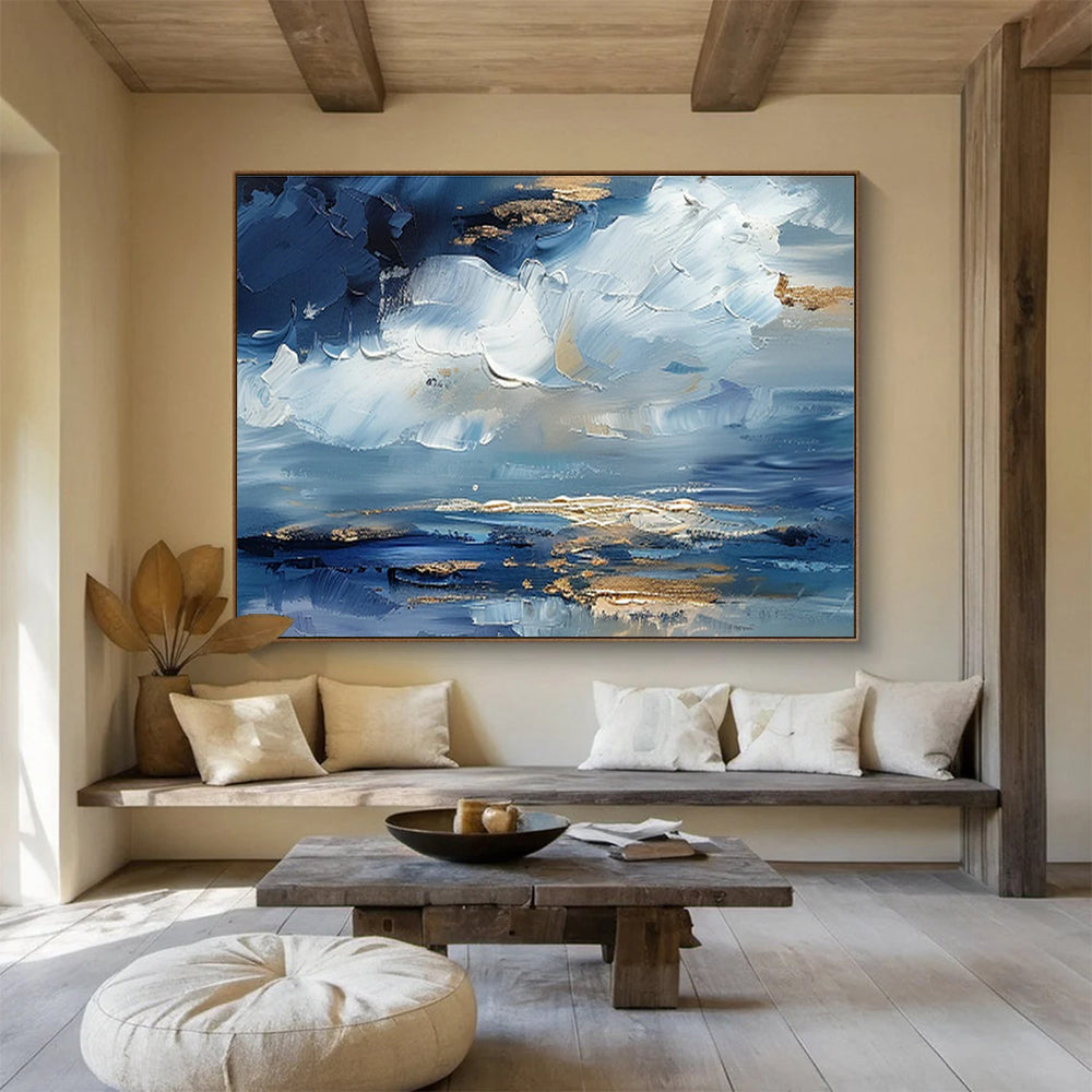 Impasto Blue - Gold Cloud Art for Serene Home Office Focus DLZ3068