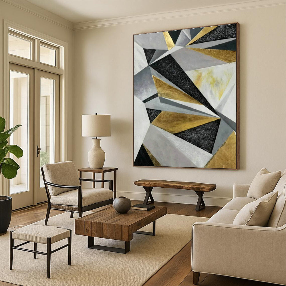 Geometric Gold - Grey Abstract Art for Living Room & Bedroom DLZ0509