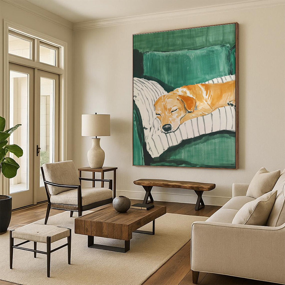 Dog Sleeping on Green Sofa Art for Pet - Friendly Home & Vet Clinic Waiting Room DLZ0688