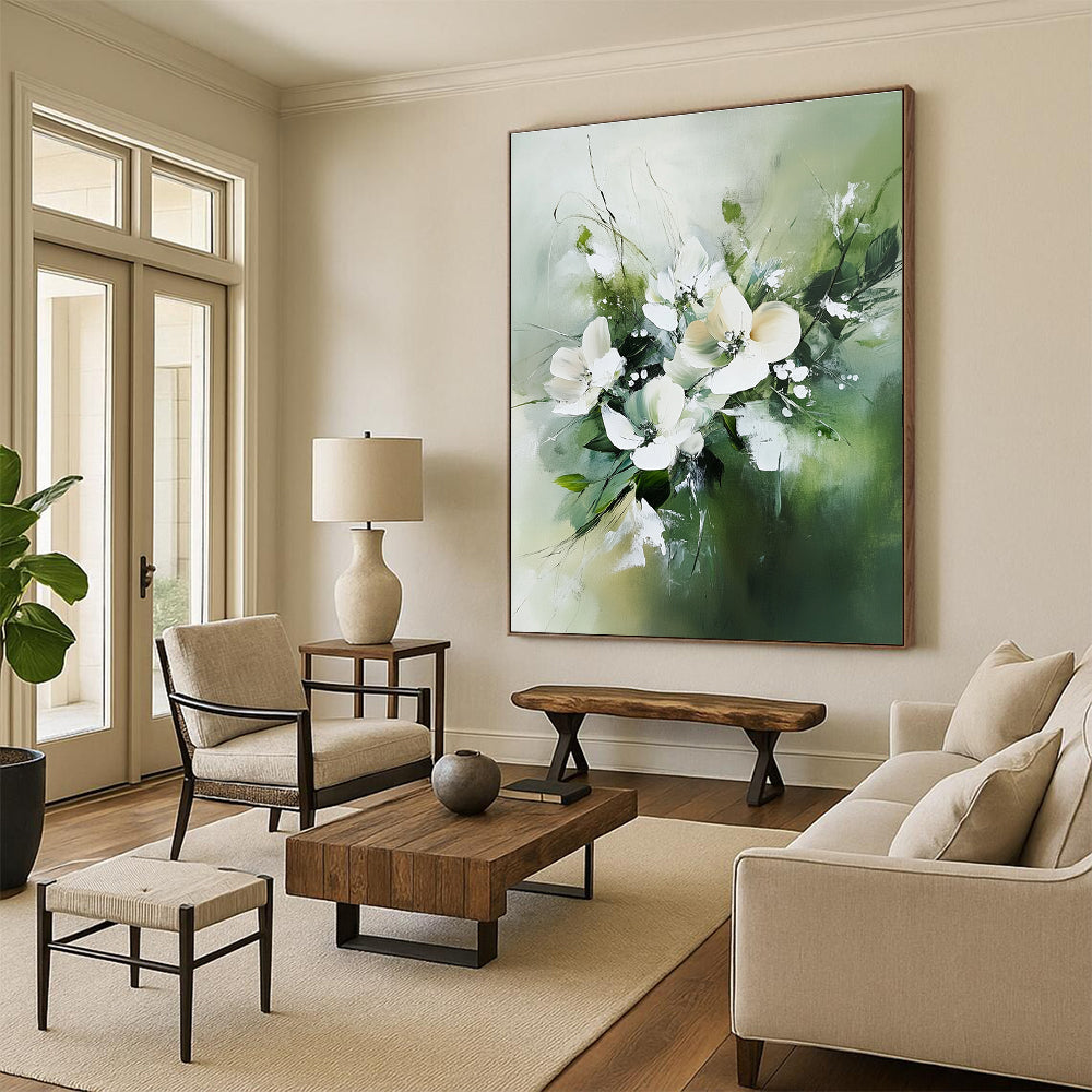 White Flowers in Green for Feminine - Inspired Bedroom & Charming Floral Café STSC365