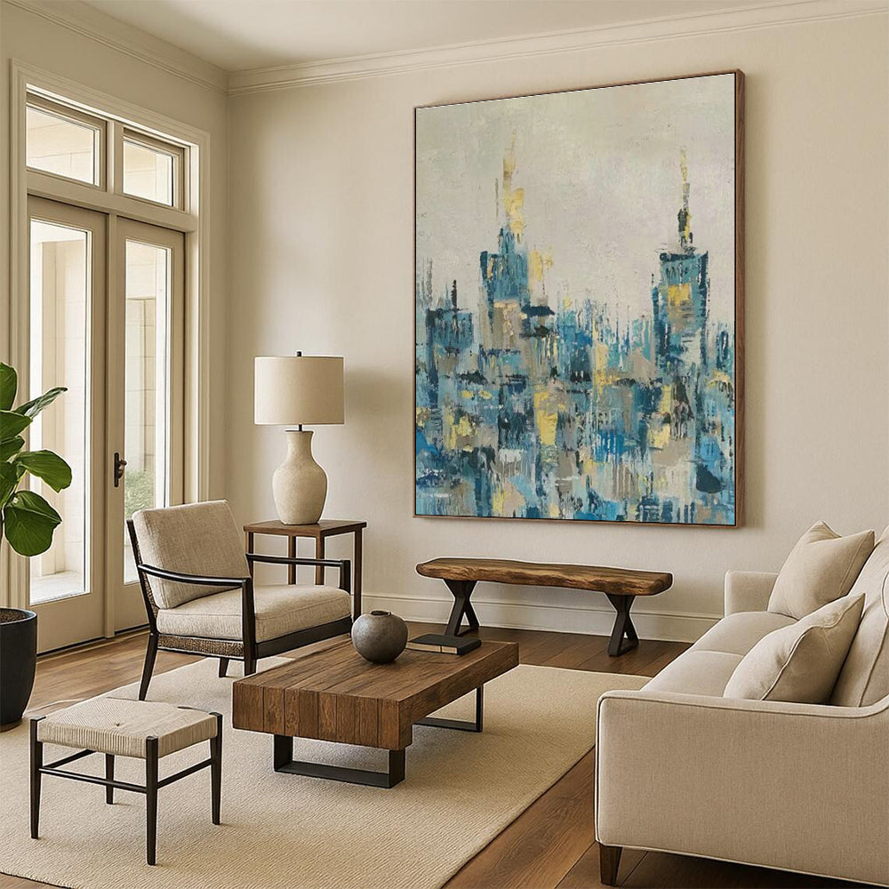 Blue - Gold Cityscape Abstract Art for Urban - Themed Bar & Metropolitan Home DLZ0778