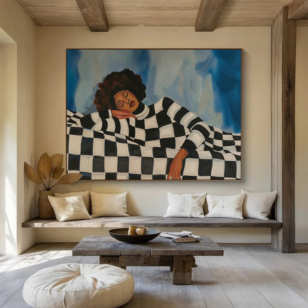 Checkerboard Resting Figure Art for Eclectic Home Study Spaces DLZ2609