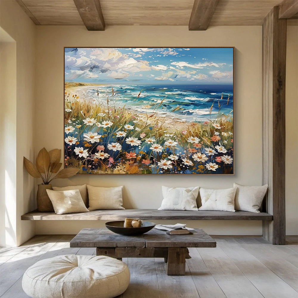 Seaside Flower Field Oil Painting for Relaxing Beach House Bedrooms DLZ2639
