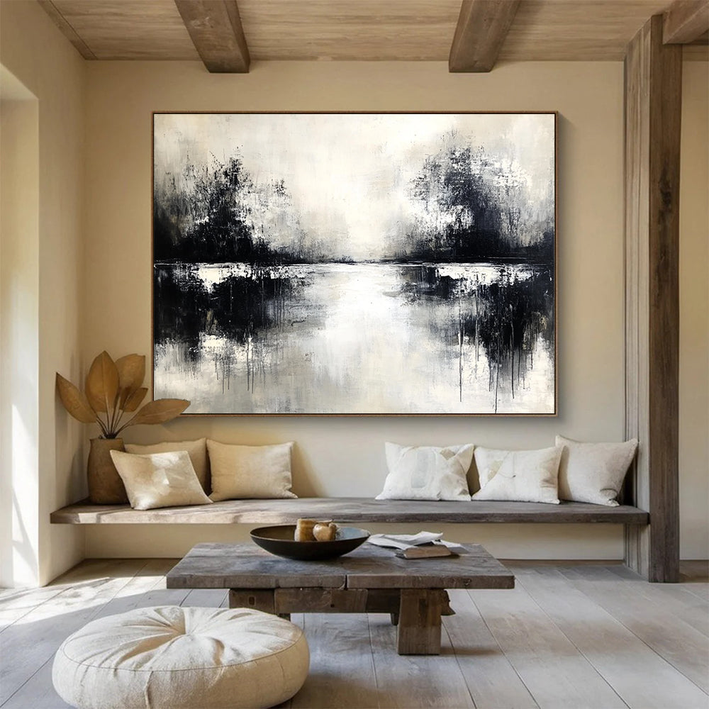Monochrome Lake Reflection Art for Black - and - White Themed Café & Serene Spa SC056