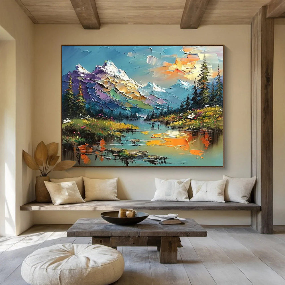 Mountain Lake Palette Knife Art for Adventure - Themed Hotel Lobby Displays DLZ3210