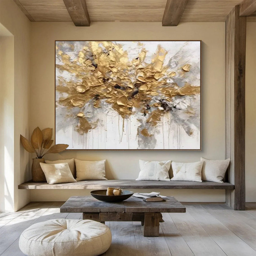 Dramatic Gold Abstract Floral Art for Bold Contemporary Lounge DLZ3062