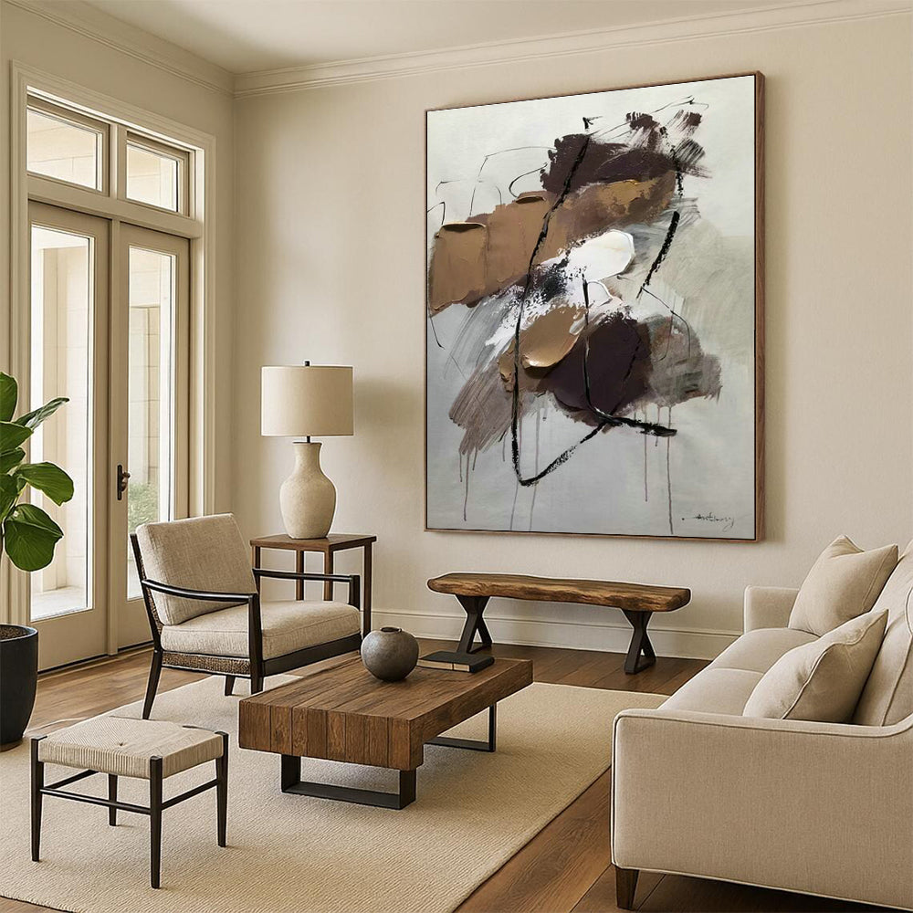 Brown - Black Line Abstract Art for Industrial - style Loft & Art Studio Break Area DLZ0786