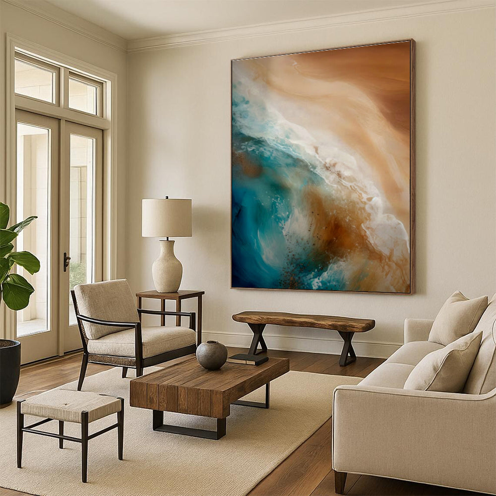 Blue - Brown Ocean Waves Abstract Art for Beachfront Villa & Coastal Café DLZ1645