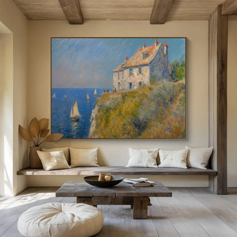 Seaside Stone House Oil Painting (Renoir - Style) for Coastal Villa Dining Areas DLZ2606
