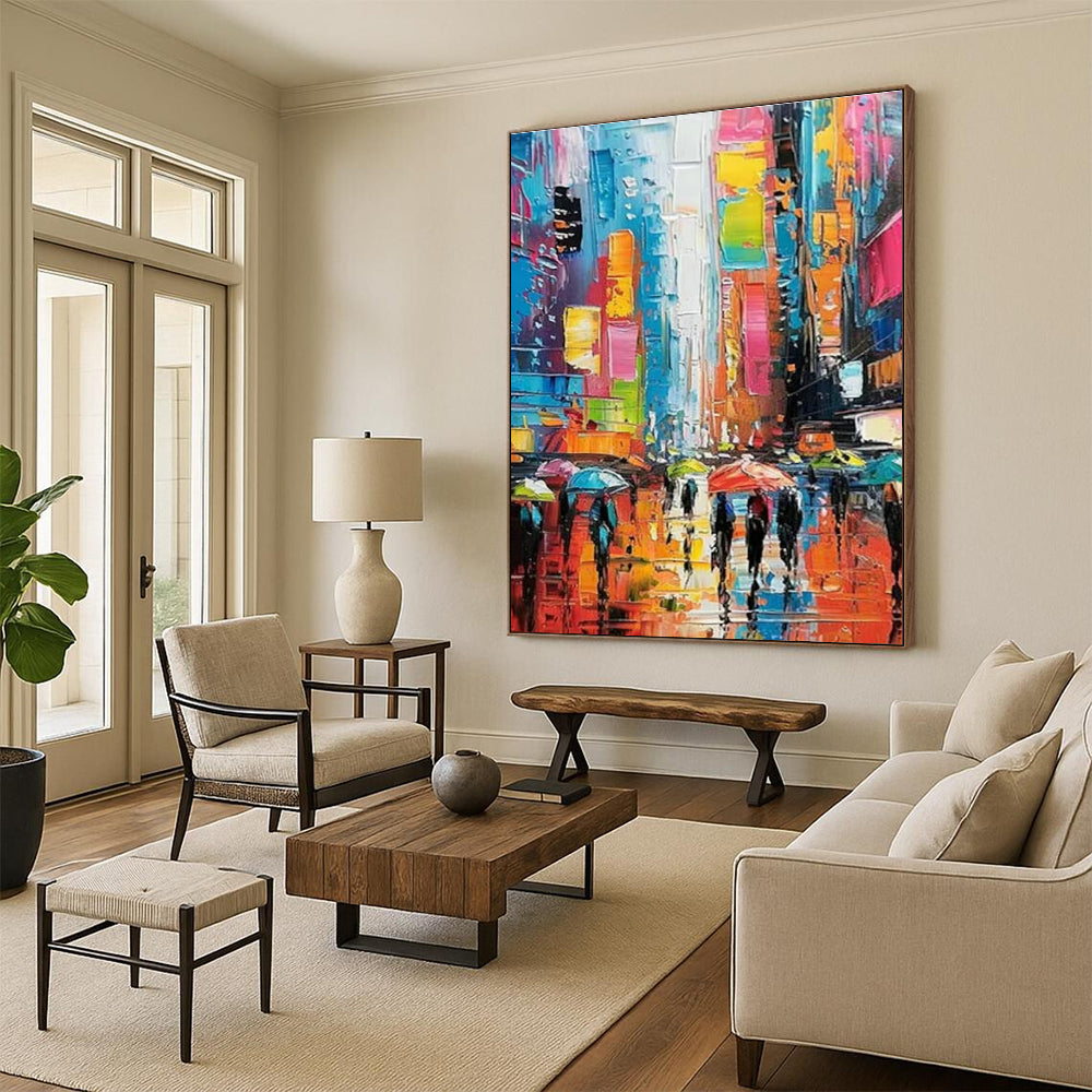 Colorful City Rain Scene Art for Contemporary Café & Urban Art Lover’s Home DLZ1555