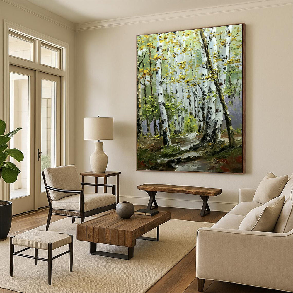 Birch Forest Path Oil Painting for Rustic Cottage Living Room & Nature Lover’s Retreat DLZ0850