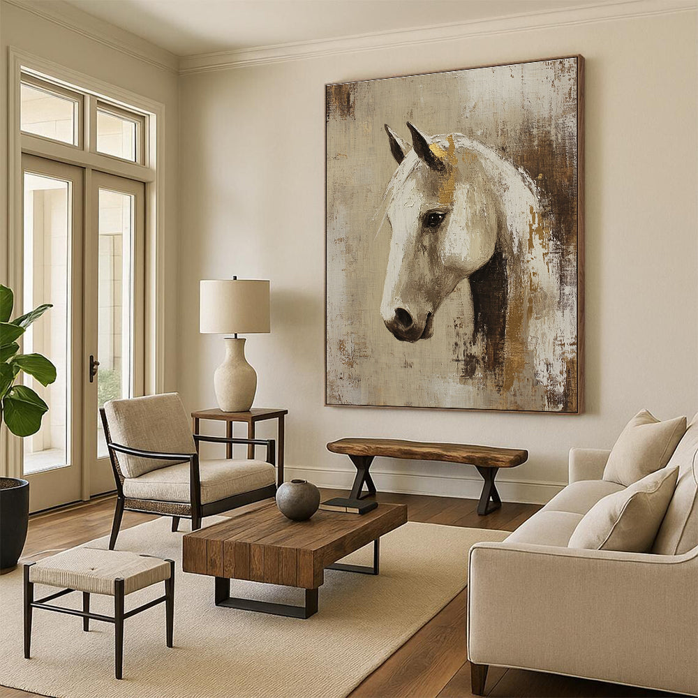 Elegant White Horse with Gold Accents Art for Equestrian Club Lounge & Sophisticated Living Room STSC143