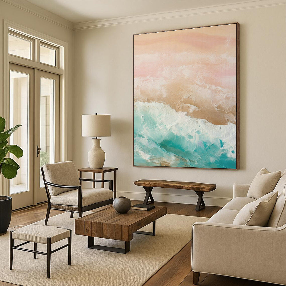 Pastel Ocean Waves Abstract Art for Beachfront Villa Living Room & Bohemian Café DLZ1631