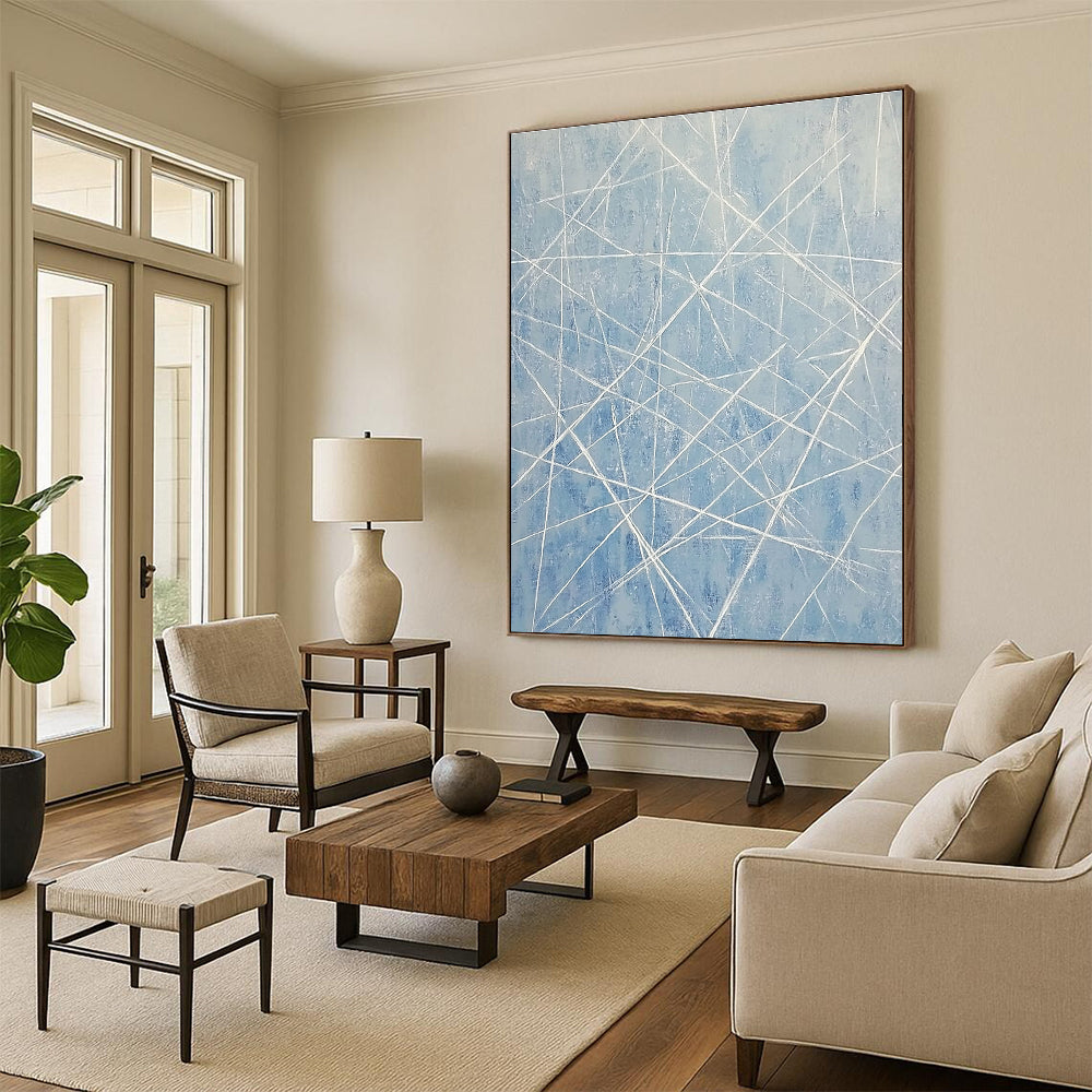 Blue and White Linear Abstract for Serene Home Office & Modern Art Space STSC316