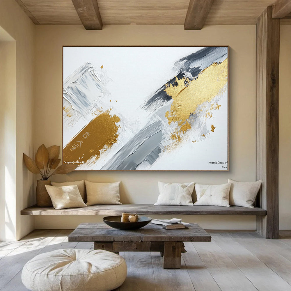 Gold, Gray and White Strokes Art for Chic Home Office & High - End Café Lounge SC293