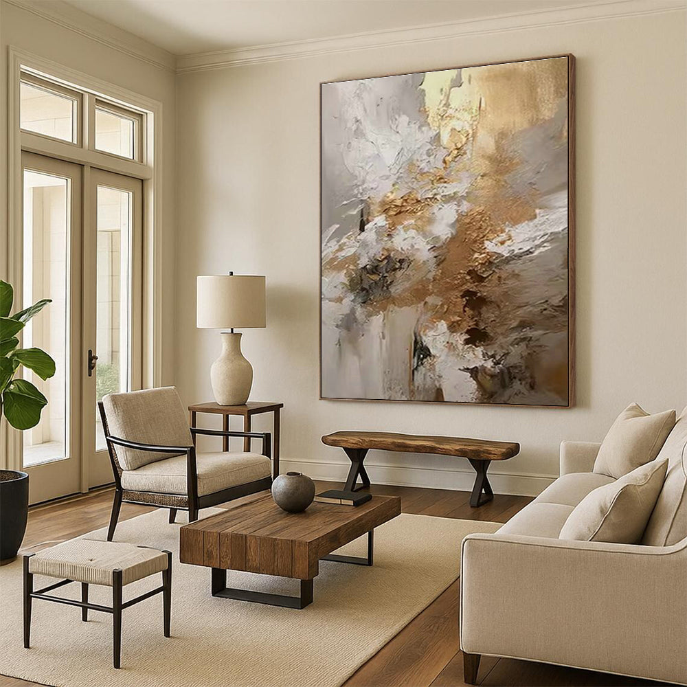 White - Gold - Brown Abstract Art for Luxury Hotel Suite & High - End Restaurant DLZ1253