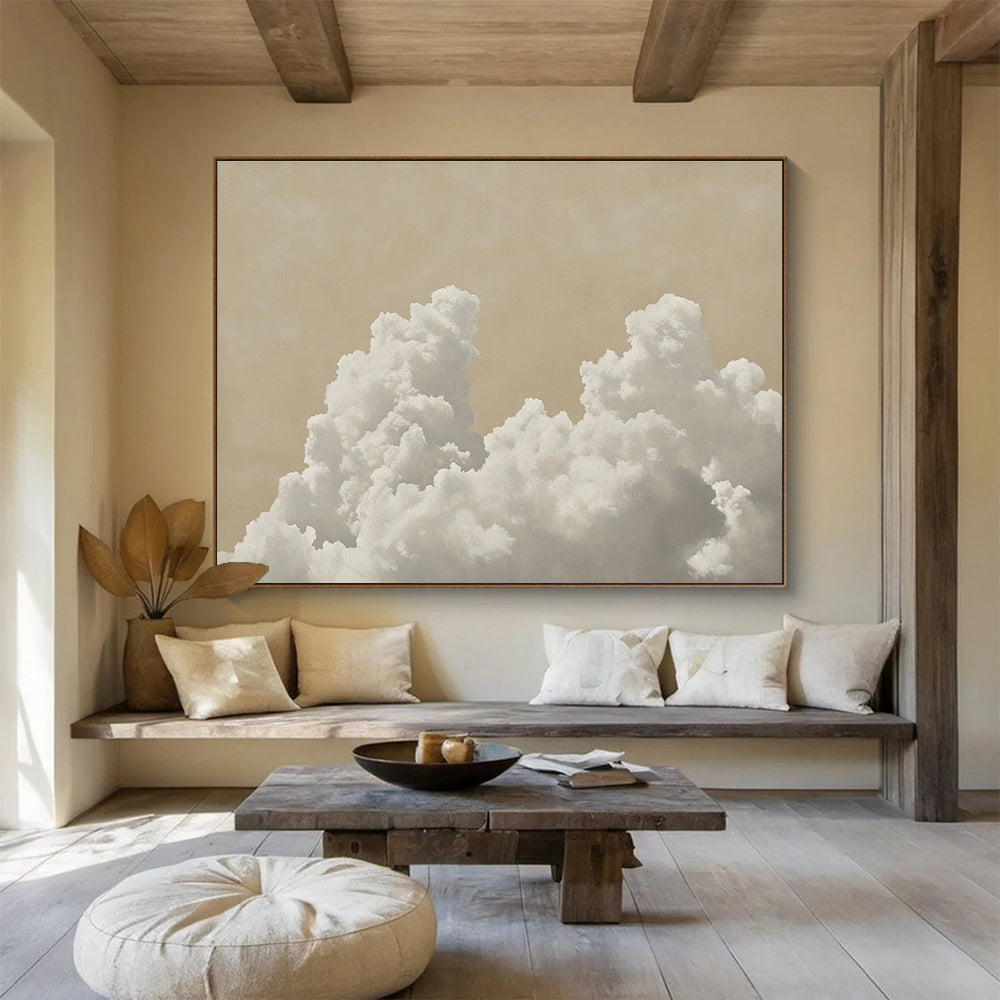 Fluffy Clouds on Beige Art for Serene Nursery & Wellness Space SC454