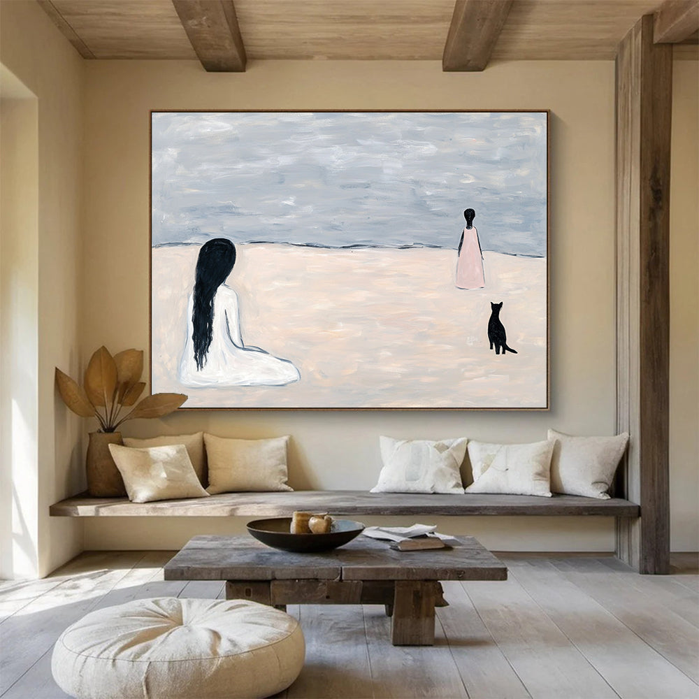 Figure and Cat on Beach Art for Coastal Home Bedroom & Intimate Reading Nook SC468