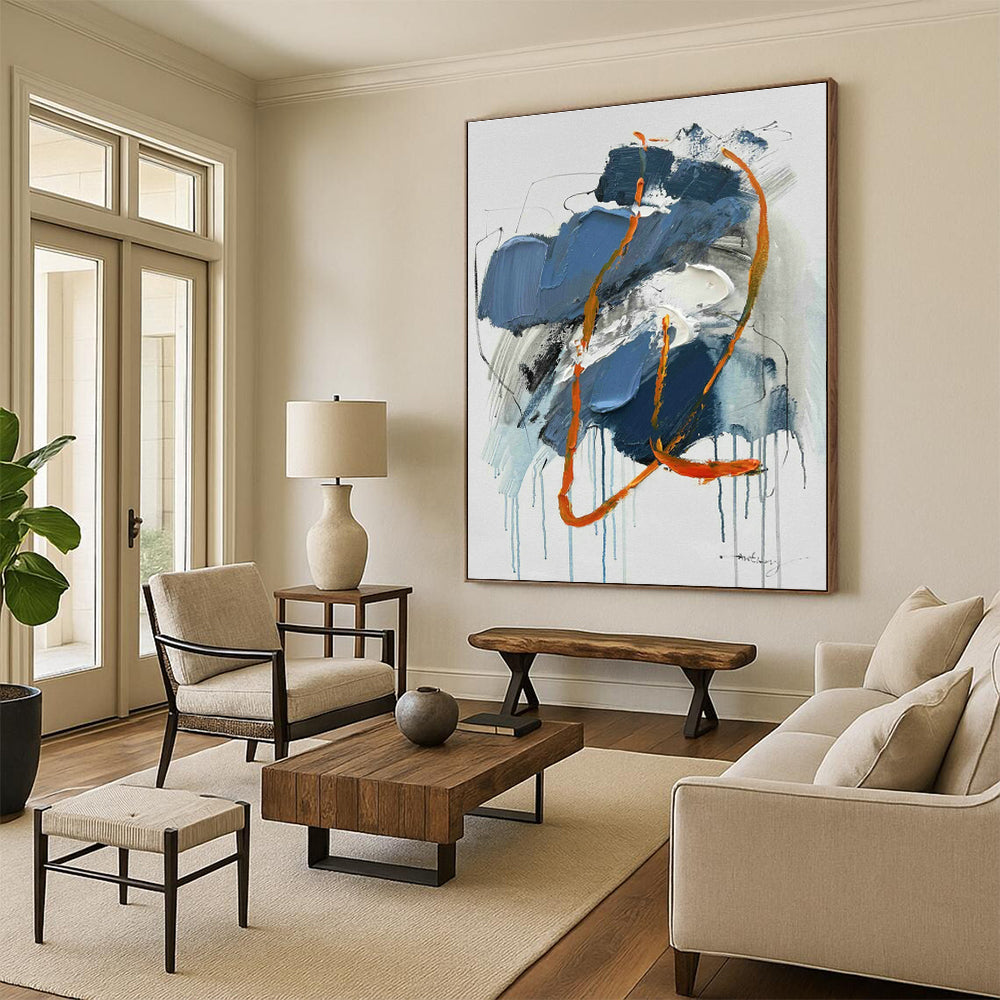 Blue - Orange Drip Abstract Art for Creative Studio & Trendy Rooftop Bar DLZ0818