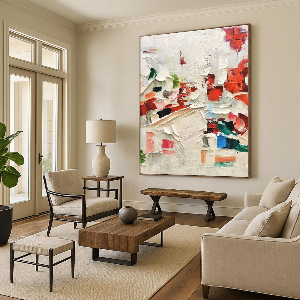 Red - White Thick - Painted Abstract Art for Avant - Garde Restaurant & Dramatic Home Dining Room DLZ1608