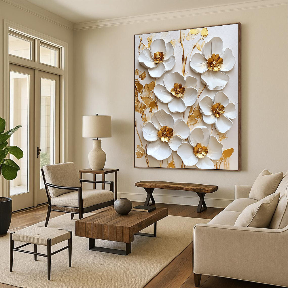 3D White Flowers with Gold Centers Textured Floral Art for Bohemian - Style Living Room & High - End Home Spa STSC1481