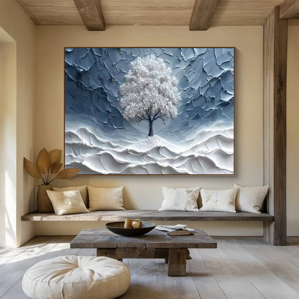 Textured Silver Tree Art for Minimalist Home Meditation Corner Walls DLZ3213
