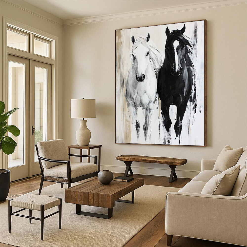 Black and White Horses Dynamic Equine Art for Equestrian Club Lounge & Modern Home Hallway STSC1452