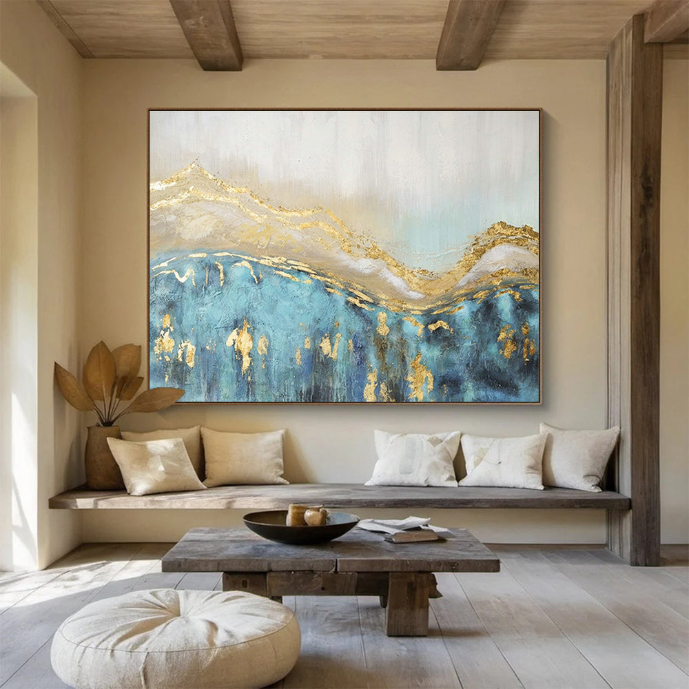 Gold - Accented Blue Landscape Abstract Art for Luxe Hotel Spa Suites DLZ3117