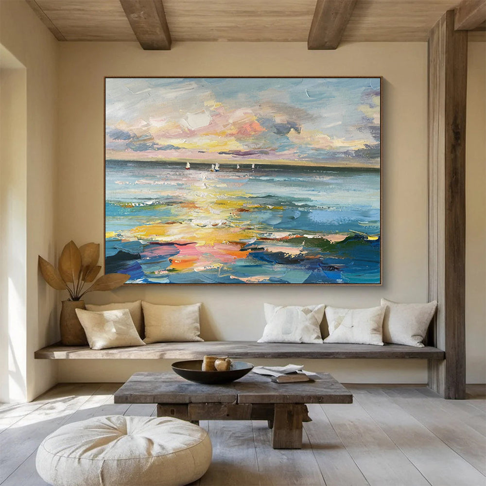 Sea View with Sailboats Oil Painting for Nautical - Themed Living Rooms DLZ2499