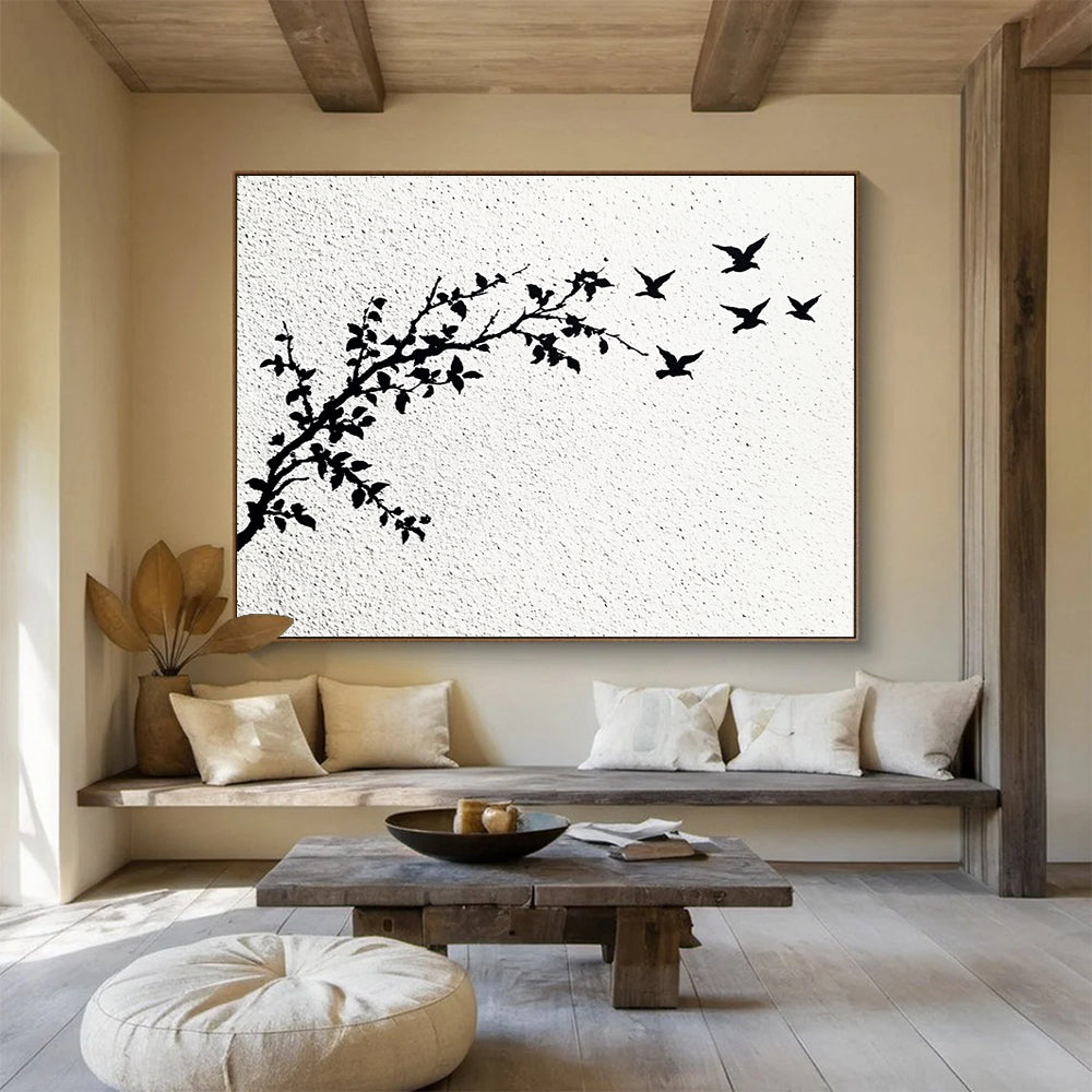 Minimalist Bird and Branch Art for Scandinavian - Style Bedroom & Zen Meditation Space SC434