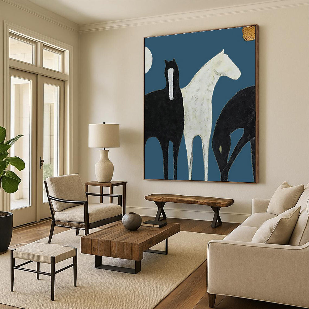 Stylized Horses on Blue Art for Equestrian - Inspired Living Room & Art - Themed Office DLZ2140