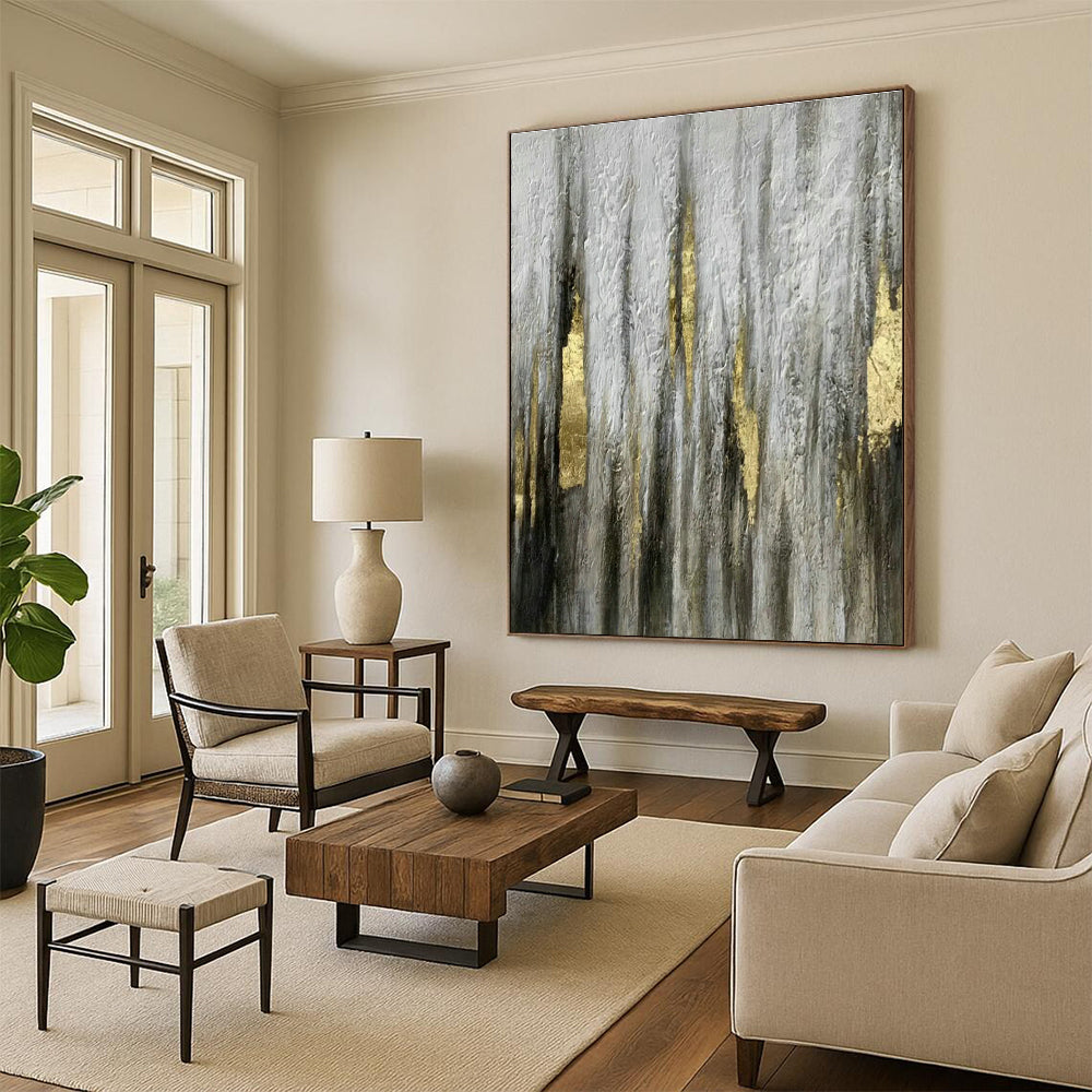 Grey - Gold Vertical Lines Abstract Art for Living Room & Bedroom DLZ0500