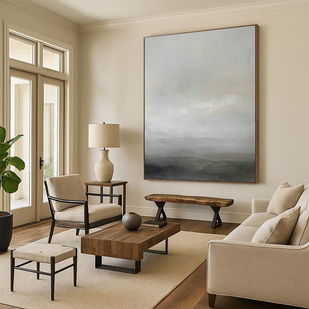 Gray - White Subtle Landscape Abstract Art for Minimalist Bedroom & Serene Yoga Studio DLZ1910
